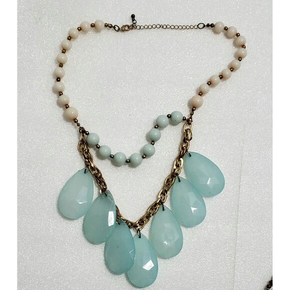 Statement Necklace & Earrings Set – Aqua Blue Teardrop Beads, Cream Floral... - Picture 13 of 13